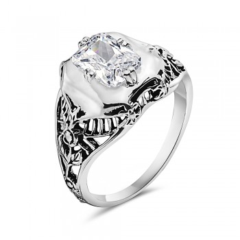 Sterling Silver Ring Rectangular Clear Cubic Zirconia Filigree Sides 