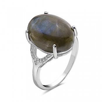 Sterling Silver Ring Oval Genuin Labradorite Clear Cubic Zirconia Y Shape S 