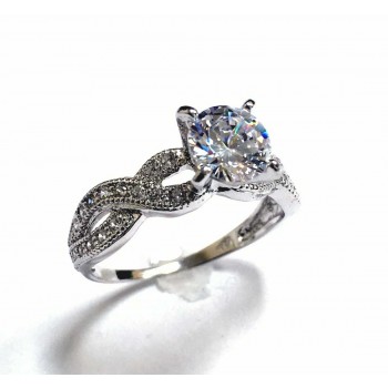 Sterling Silver Ring Solitaire Clear Cubic Zirconia Criss-Cross Cubic Zirconia Line Sha 