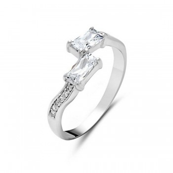 Sterling Silver Ring By-Pass 2 Clear Cubic Zirconia Baguette 