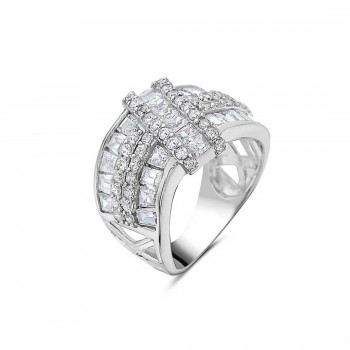 Sterling Silver Ring Double Line Baguette Line Cross Over 