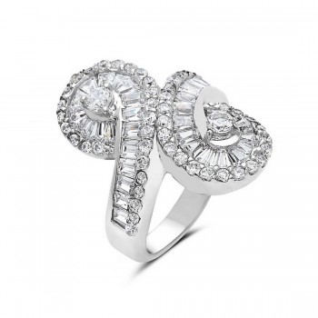 Sterling Silver Ring Up And Down Swirl Baguette Clear Cubic Zirconia Line 