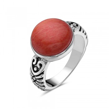Sterling Silver RING RECONSTITUENT ORANGISH CORAL ROUND SIDE OX