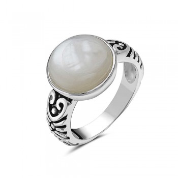Sterling Silver RING MOTHER OF PEARL ROUND SIDE OXIDIZED LINES