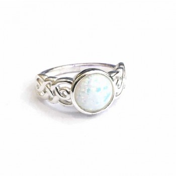 Sterling Silver RING ROUND WHITE LAB-CREATED OPAL SILVER WRAP C