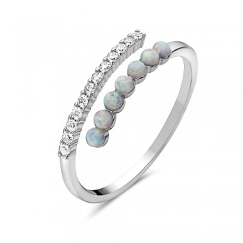 Sterling Silver RING BYPASS WHITE LAB CREATED OPAL BEADS AND Cubic Zirconia LINE