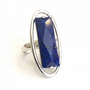 Sterling Silver RING LONG OVAL WITH BAGUETTE GENUINE LAPIS