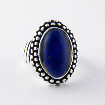 Sterling Silver RING OVAL GENUINE LAPIS OXIDIZED BEADS AROUND R