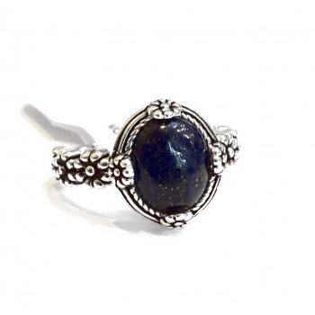 Sterling Silver RING OVAL GENUINE BLUE LAPIS  OXIDIZEDS FLOWERS