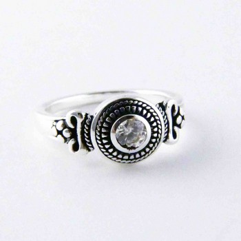 Sterling Silver RING ROUND SHAPE CLEAR Cubic Zirconia GRAINY CIRCLE OXIDIZE