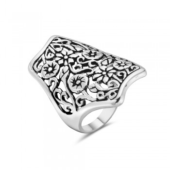 Sterling Silver RING LONG OCTAGON FLOWER AND VINE FILIGREE OXID