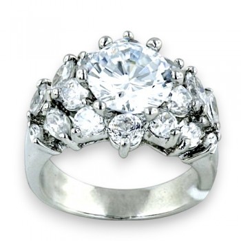 Brass Ring 9mm Round Clear Cubic Zirconia Flower with Marquis