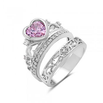 Brass Ring 2 Pcs Engagement 9mm Pink Cubic Zirconia Heart Bezel