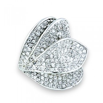 Brass Ring Leaves with Clear Cubic Zirconia Pave-Rhodium Plating-