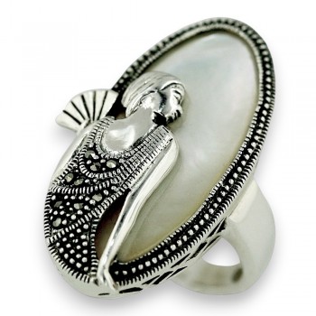 Marcasite Ring 35X18mm White Mother of Pearl Oval with Lady Portrait
