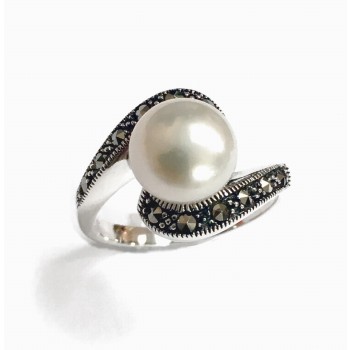 Marcasite Ring Bypass Lines 9 Mm Fresh Water Pearl Pearl