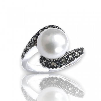 Marcasite Ring Bypass Lines 9 Mm Fresh Water Pearl Pearl