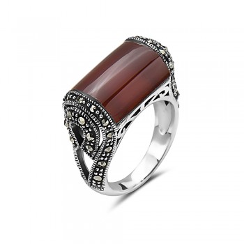 MS RING RED CARNELIAN TUBE STONE MARCASITE SIDE