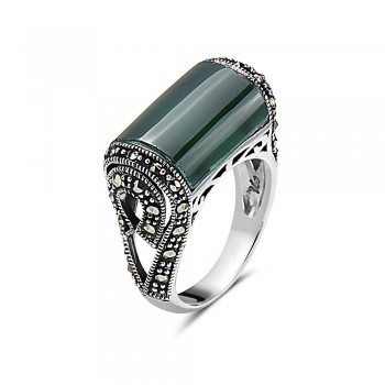 MS RING GREEN AGATE TUBE STONE MARCASITE SIDE