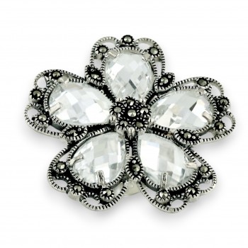 Marcasite Ring 5 Clear Cubic Zirconia Chess Cut Flower Petals