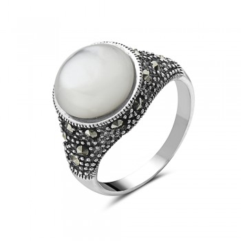 Full Moon Mother of Pearl Marcasite Ring