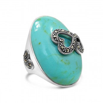 Marcasite Ring 33X22mm Reconstructed Turquoise Oval with Open Marcasite Do
