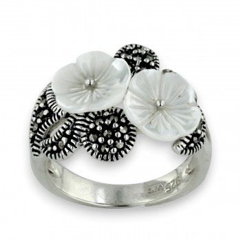 Marcasite Ring 2 White Mother of Pearl Flower with Marcasite Leaf