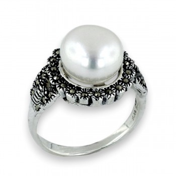 MS RING 11MM WHITE FRESHWATER PEAERL W/ MS AROUND
