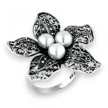 Marcasite Ring White Fresh Water Pearl with Pave Marcasite Flower Petals