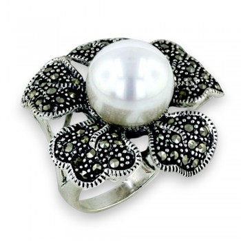Marcasite Ring with 13mm Shell Pearlp and Marcasite Petals