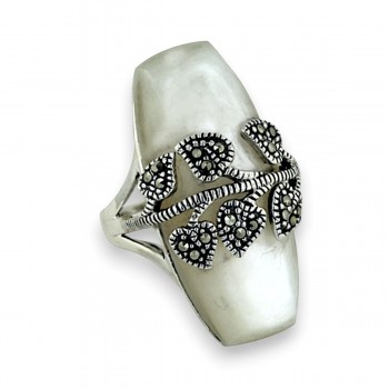 Marcasite Ring with Mother of Pearl 15X34mm with Marcasite Leaves