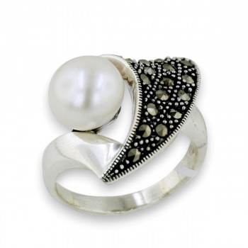 Marcasite Ring Half Open Heart Marcasite with 10mm Fresh Water Pearl