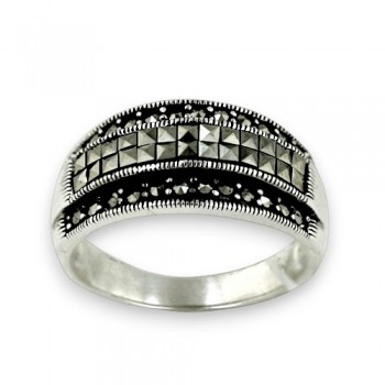 Marcasite Ring Band with 2 Lines Square Cut Center with Round