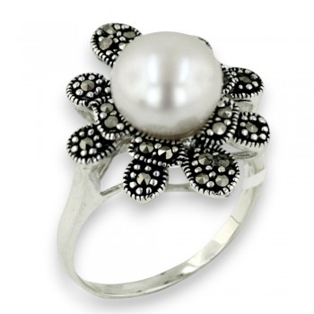 Marcasite Ring Round Fresh Water Pearl Center with Marcasite Petals Around