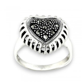 Marcasite Ring Heart with Ridged Border