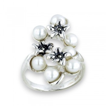 Marcasite Ring 7Pcs 5mm White Fresh Water Pearl 3 Flower Marcasite Center 2mm