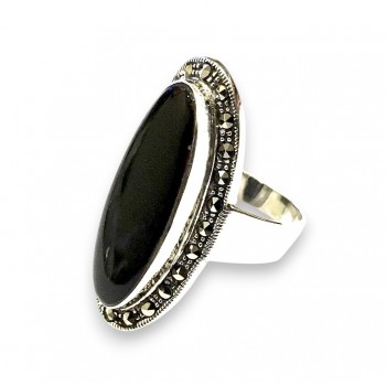 Marcasite Ring 11X28mm Oval Onyx Center Marcasite on Si