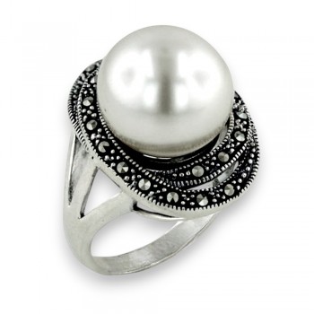 Marcasite Ring 14mm Pearl Center on Top of Two Marcasite