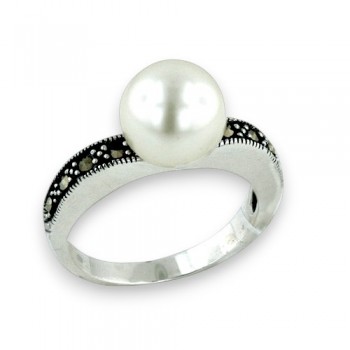 MS RING 10MM FRESH WATER PEARL ON THIN MARCASITE