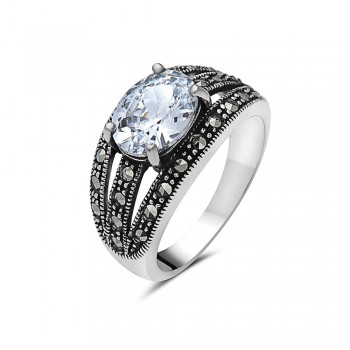 Open Striped Marcasite Oval Crystal Ring