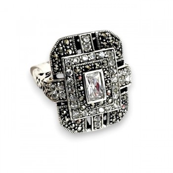 Marcasite RING ART DECO OCTAGON  RECTANGULAR CLEAR Cubic Zirconia