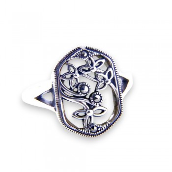 Marcasite RING HEXIGON Mother of Pearl BASE WITH MARCASITE AND FLOWER