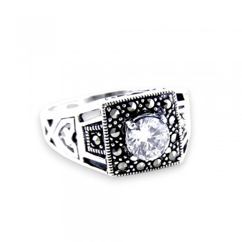 Marcasite RING SQUARE SHAPE ROUND CLEAR Cubic Zirconia CENTER CUTOUT
