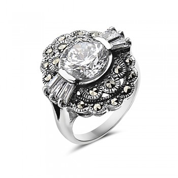 MS RING OVAL WAVY MARCASITE 2 LAYERS CLEAR CZ ROUN