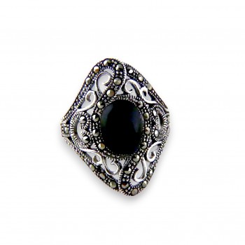 Marcasite RING WAVY LINE DIAMOND SHAPE OVAL ONYX CENTER