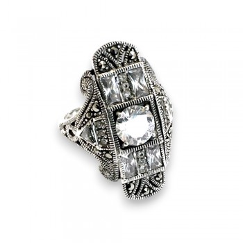 Marcasite RING ART DECO CLEAR Cubic Zirconia ROUND AND BAGUETTE LONG