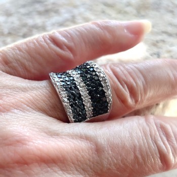 Sterling Silver Ring Concave Pave Black and Clear Cubic Zirconia