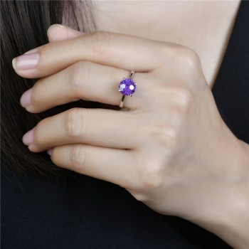 Sterling Silver Ring 8mm Flower Cut Amethyst Cubic Zirconia Solitaire