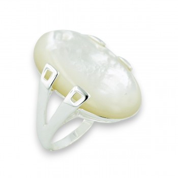Sterling Silver Ring 25X16mm Oval Cabochon White Mother of Pearl with 4 Open