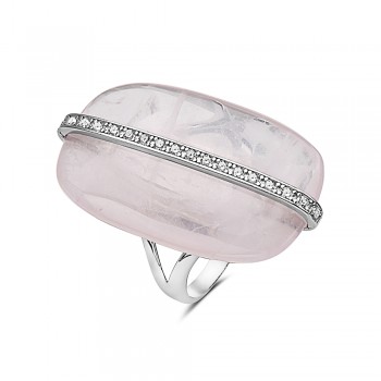 Sterling Silver Ring 32X18mm Cabochon Rosequartz+Clear Cubic Zirconia Vertica - 9